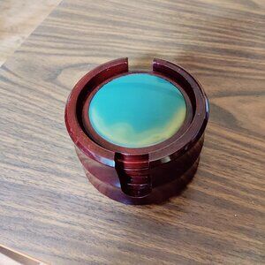 Emerald Green Agate Coasters from Brazil with a Cedarwood Holder from the Amazon